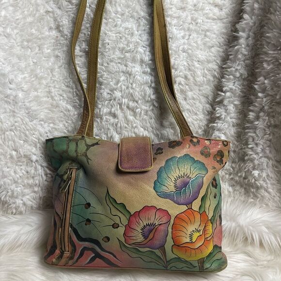Anuschka Hand Painted Leather Medium Tote Floral Double Handle. - Picture 1 of 15